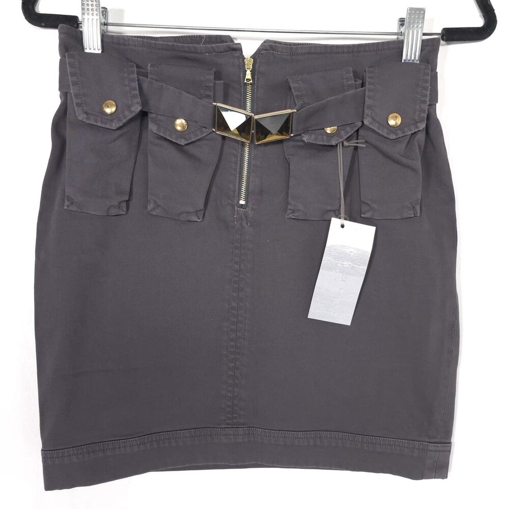RICHMOND Women's 42 SMALL New Mini Skirt Belted Gold Hardware Gray Cargo GONNA